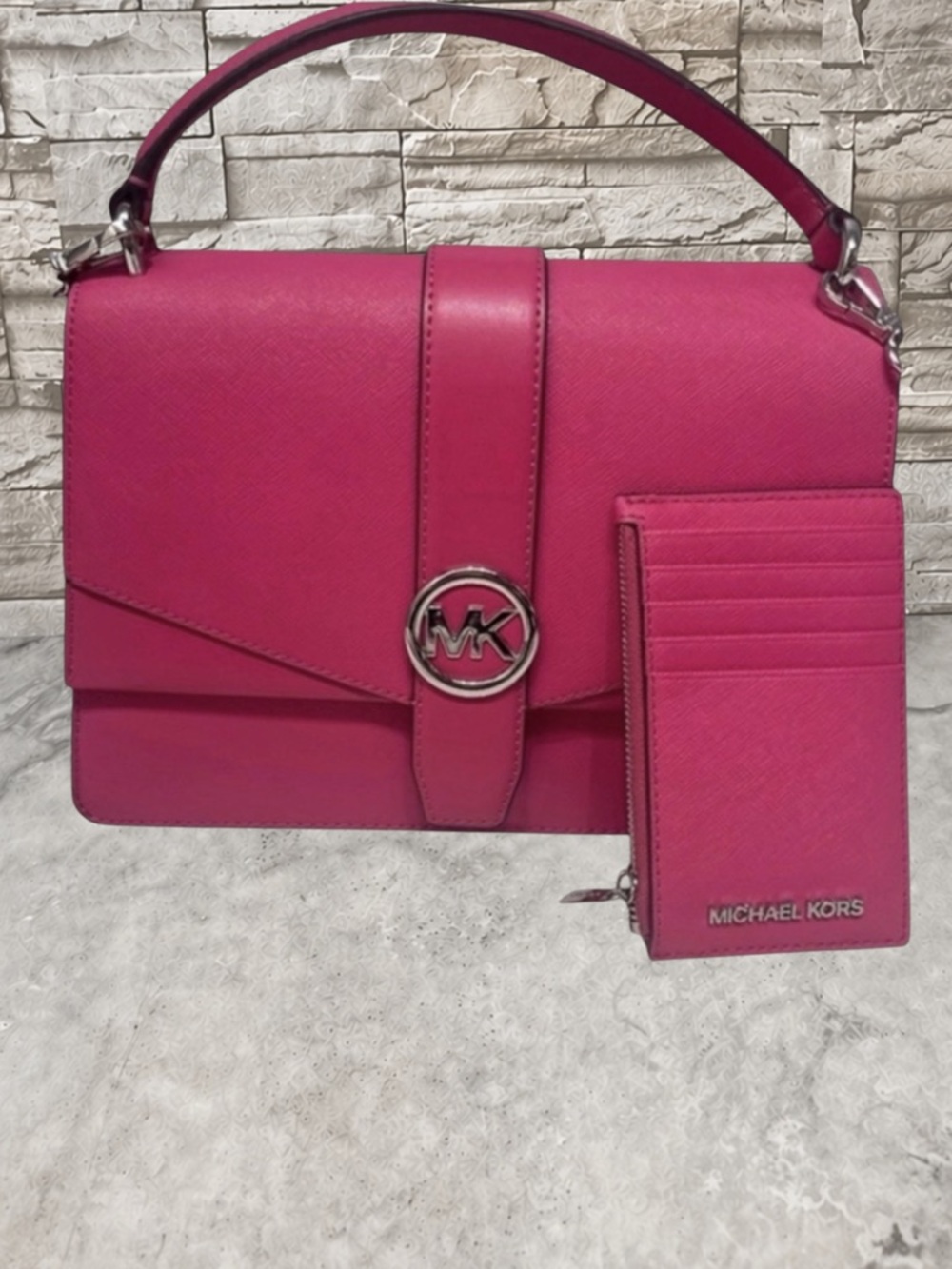 Michael Kors Greenwich Top Handle Satchel & Matching Wallet Dragonfruit Pink